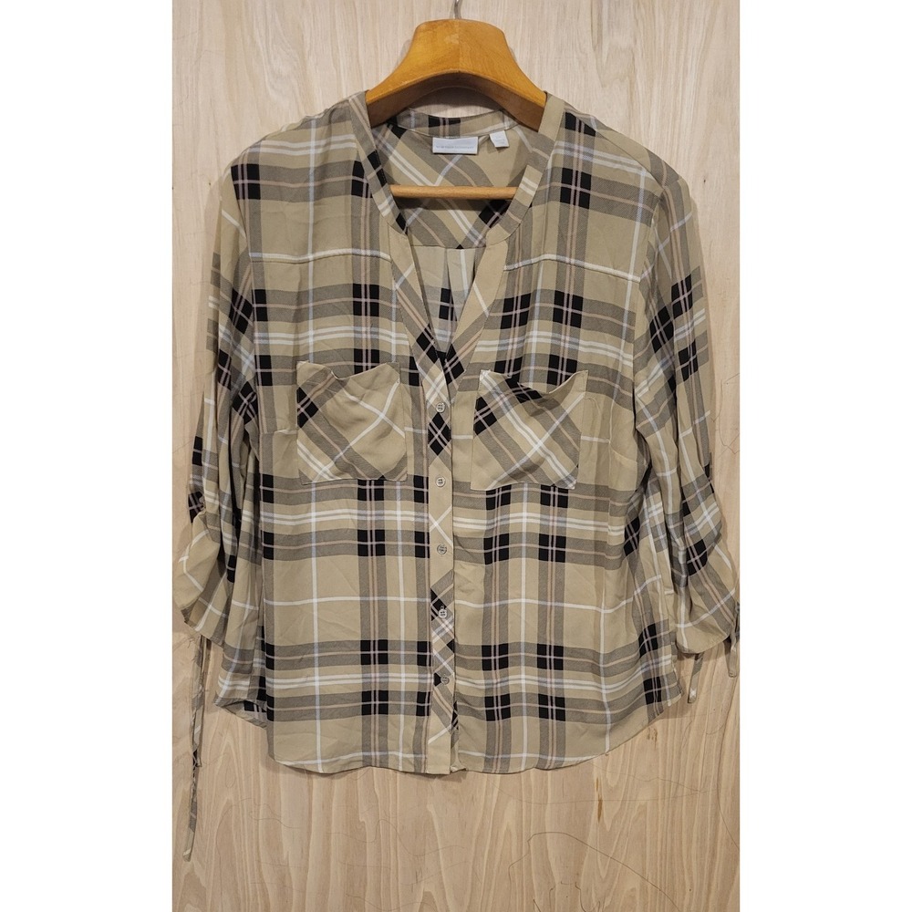 New York & Company Womens Brown And White With Black Plaid Pattern Top. Size XXL
